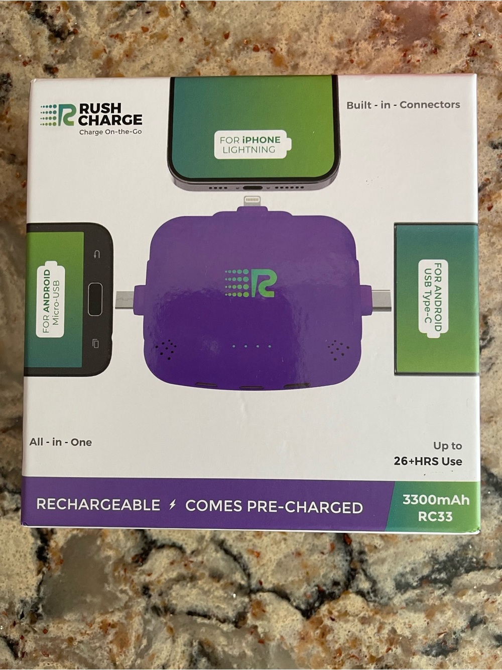 3300mAh Purple Portable Charger with Built-In Connectors